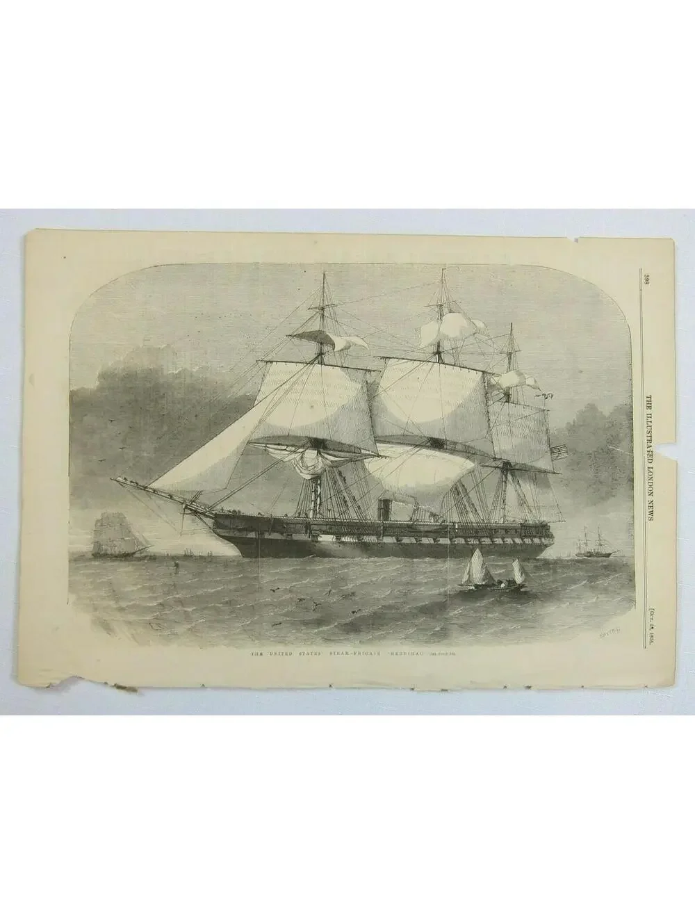 Antique 1856 Print The United States Steam Frigate Merrimack Naval Ship Seascape